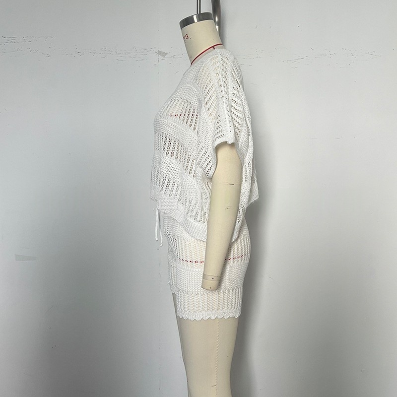 Womens Crochet Knit Two-Piece Set Beach Cover Up Short Sleeve Top with Shorts